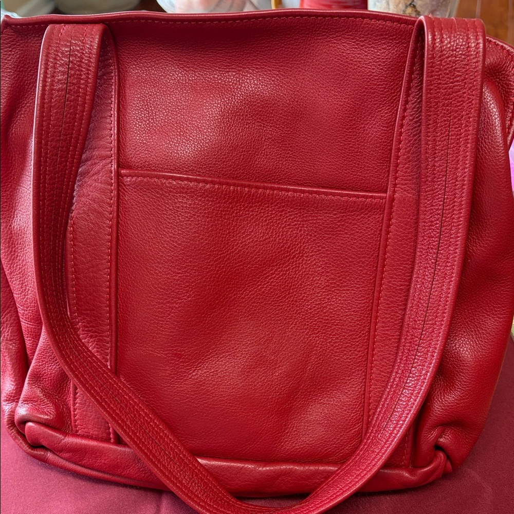 Red Leather Shoulder Tote Bag